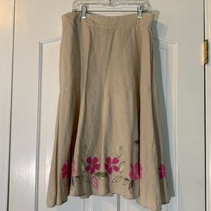 Christopher & Banks Tan Linen skirt  with Pink embroidered flowers Size M